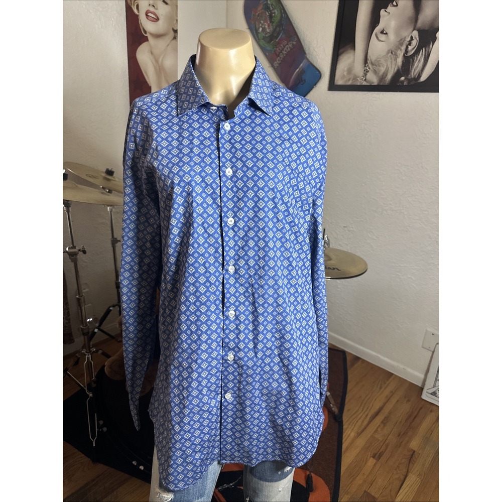 Etro Shirt Men Blue Sz 43(Large)Geometric Button Up Long Sleeve 100%Cotton Italy
